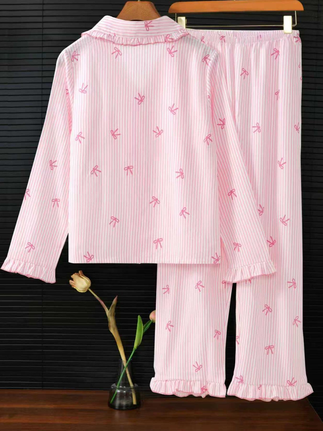 Women's Sleepwear Set Pajamas Breathable Striped Bow Design, Sweet & Fashionable Home Wear, Comfortable Nightgown for Women