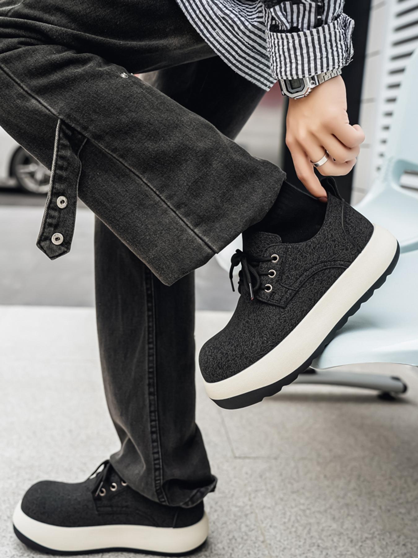 Men's Black-White Ugly Cute Big Head Platform Casual Shoes: Soft Breathable Upper + Height-Increasing Anti-Slip, Daily Outfit Trendy Shoes