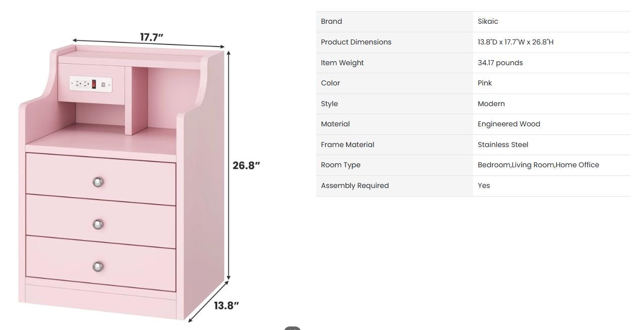 Sikaic Nightstand with Charging Station Storage Drawers Pink Bedroom Table Modern Dressing Table Bedside Cabinet