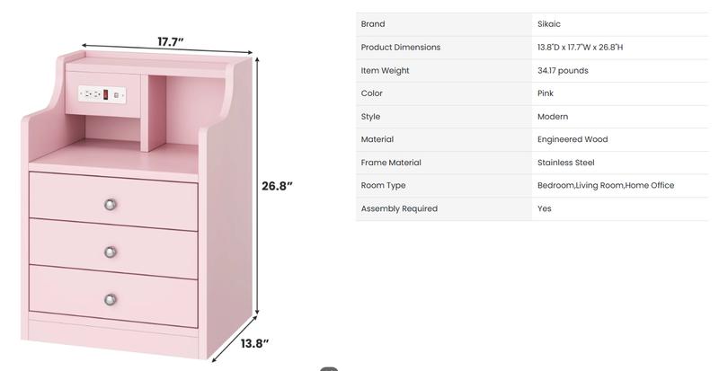 Sikaic Nightstand with Charging Station Storage Drawers Pink Bedroom Table Modern Dressing Table