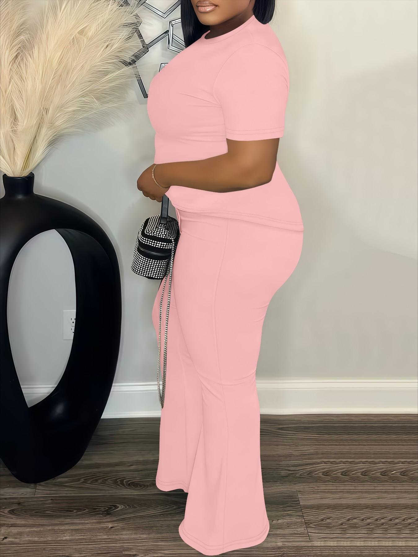 Women's Fashion Casual Short Sleeve Set, Plain Loose-Fitting High Waist Pants & Top, Spring & Fall, Plus Size