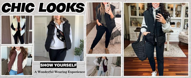 Songling Women's Black Casual Puffer Vest - Lightweight Stand Collar Full Zip with Pockets & Adjustable Drawstring - Trendy Outerwear for Spring Fall Winter Basic Fitted  Womenswear Style