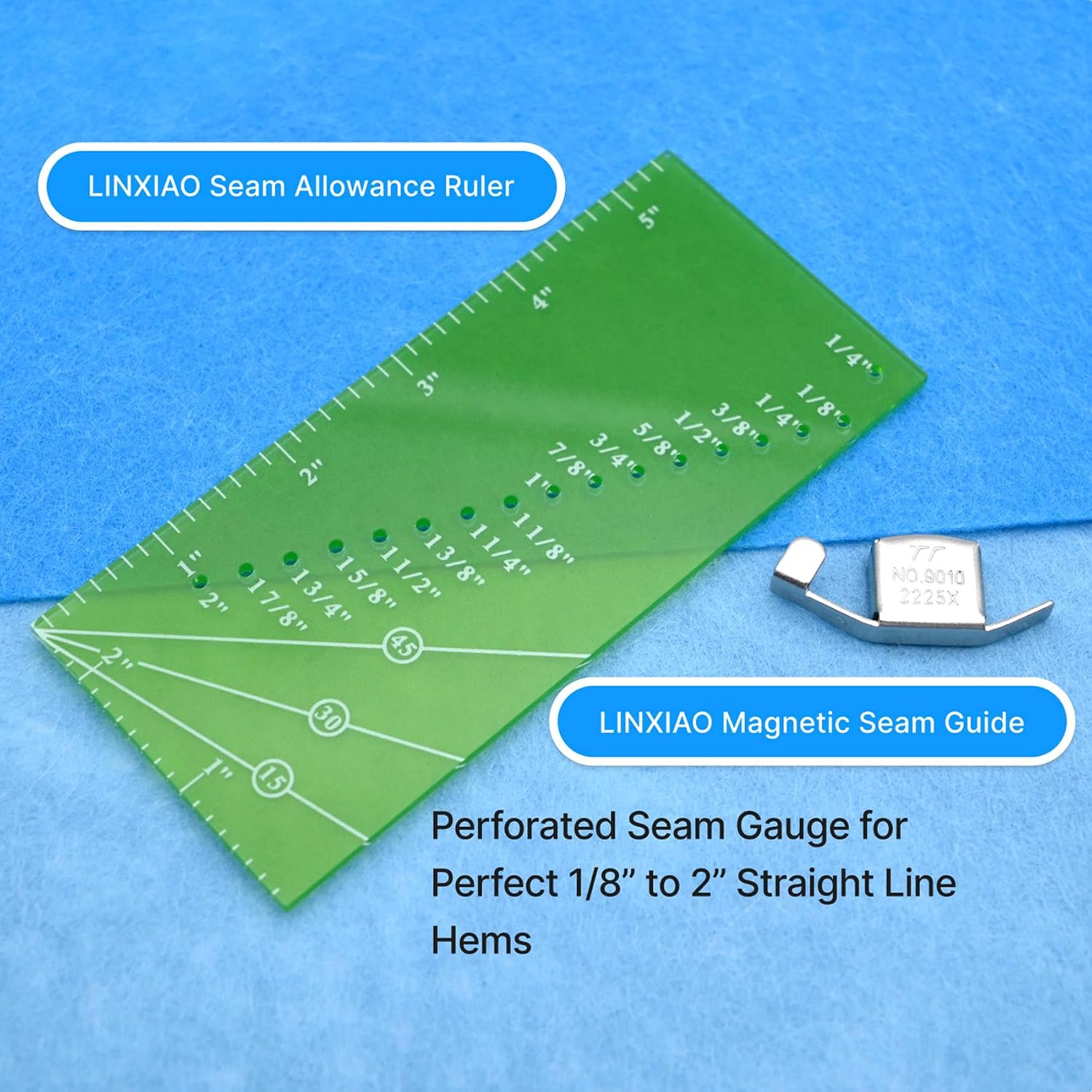 Seam Guide with Sewing Seam Ruler,Perforated 1/8"-2" Seam Gauge,15/30/45° Trim Lines & 1/4" Pivot Point, Sewing Machine Quilting Accessories for Hemming,Mitered Corners Green