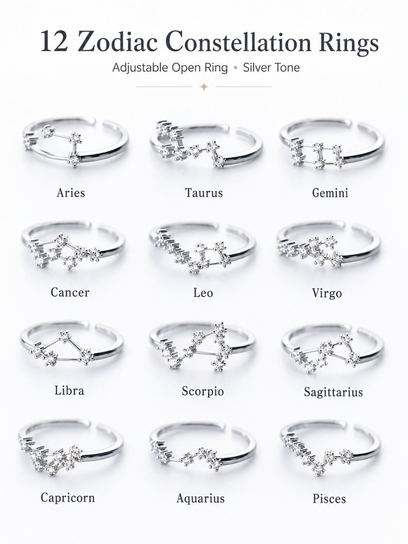 12 Zodiac Constellation Rings Set, Adjustable Open Star Sign Rings, Silver Tone Astrology Jewelry for Women, Fashion Ring