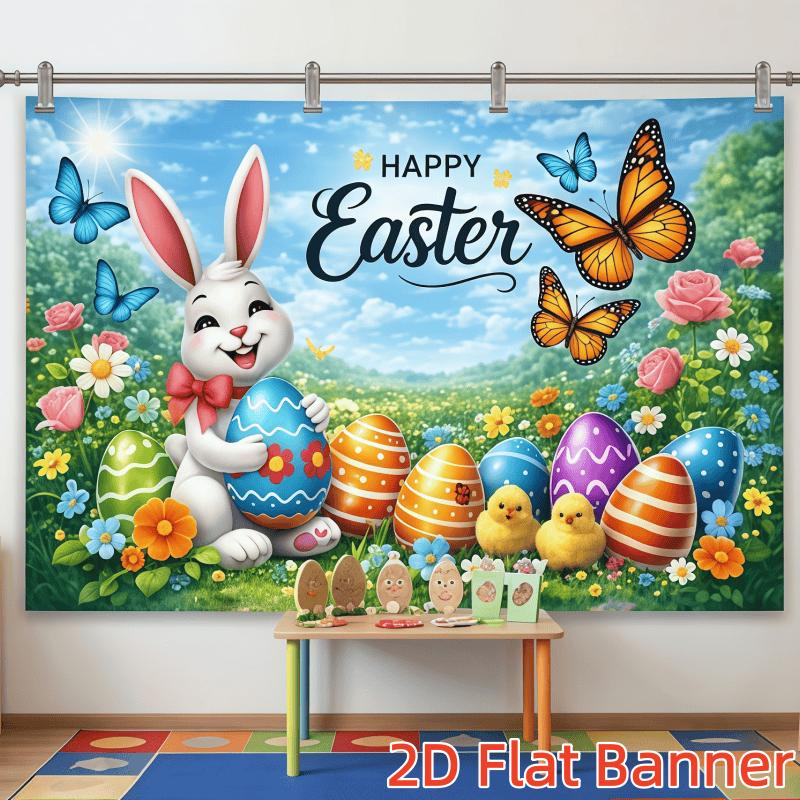 1PC,2D Flat Customize Backdrop Easter Decoration Backdrop, Festival Party Photography Background, Cute Rabbit Easter Egg Butterfly Themed Backdrop, Photo Background for Kids' Activities, Background Cl