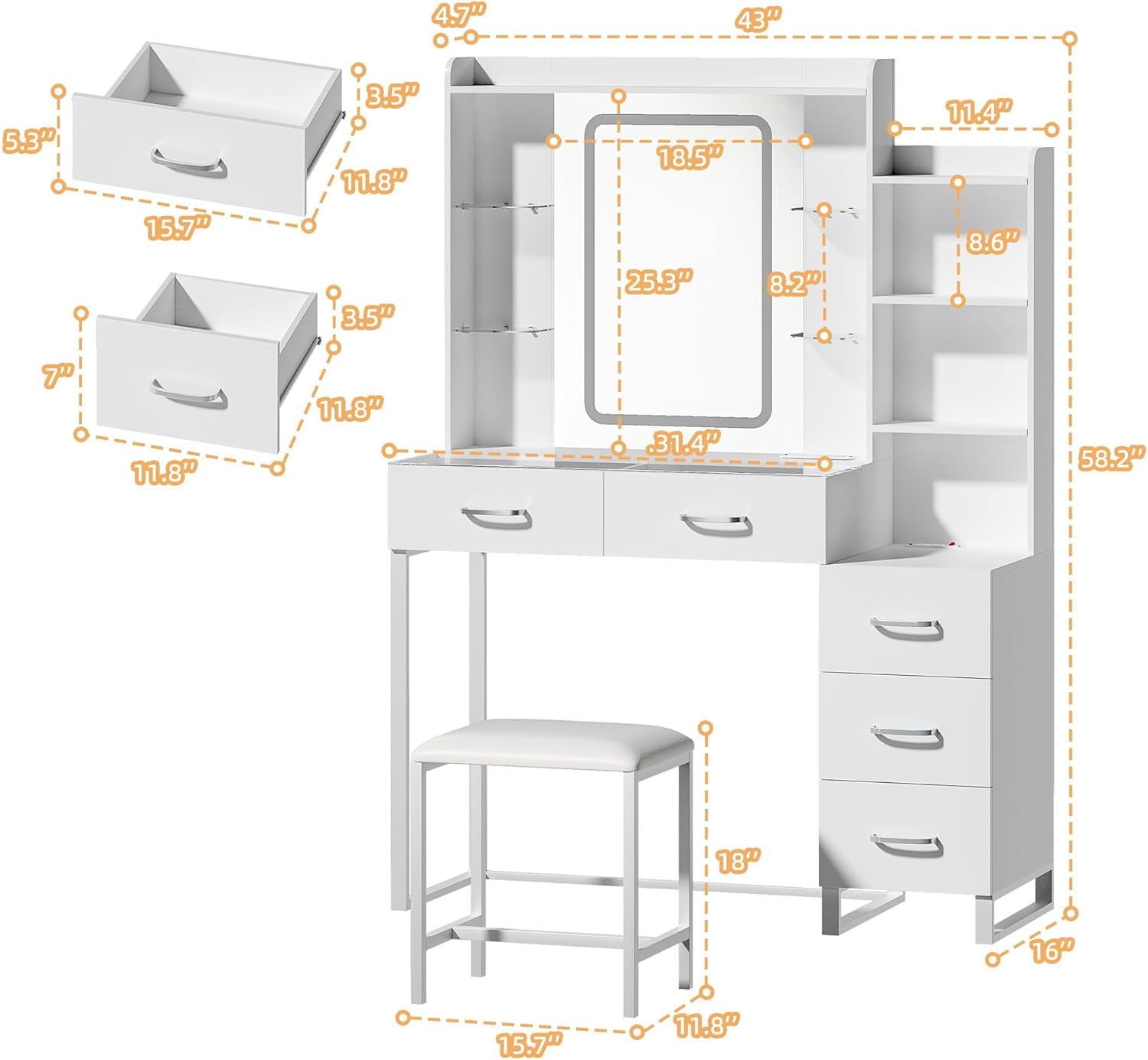 Vanity Desk with Mirror and LED Lights, 57.5" Makeup Vanity with Glass Top & Wireless Charging, Vanity with RGB Drawers, 3 Colors Light, Power Outlet Safety Switch for Bedroom, White