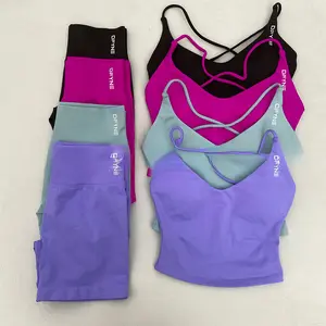DFYNE Seamless Criss Cross Back Workout Set| 3" Inseam High Waisted Shorts & Longline V-Neck Sports Bra Gym Outfit