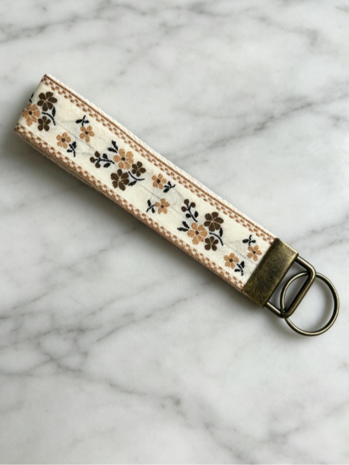 1 Embroidered Fabric Wristlet Keychain for Women, Cute Wrist Key Chain with Metal Hardware