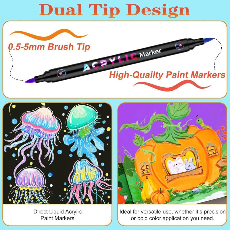 Acrylic Paint Markers Pens Set, Dual Tip Dual-Color Brush Tips Acrylic Paint Pens, Creative Coloring Markers, Acrylic Drawing Markers for Rocks, Wood, Canvas, Stone, Fabric, Plastic DIY Art Supplies Back to school