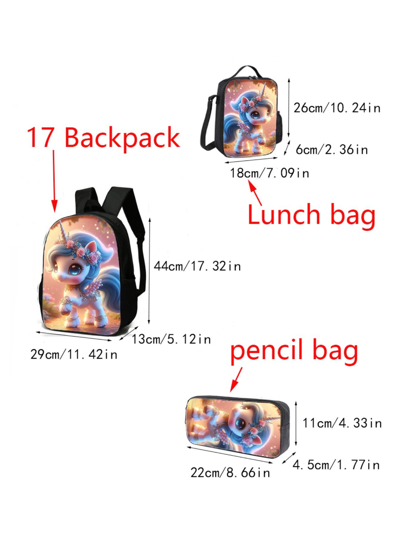 Cute Unicorn Backpack Set for Girls, Rainbow Umbrella Print School Bag, Includes Lunch Box and Pencil Case, Lightweight Kids Bookbag