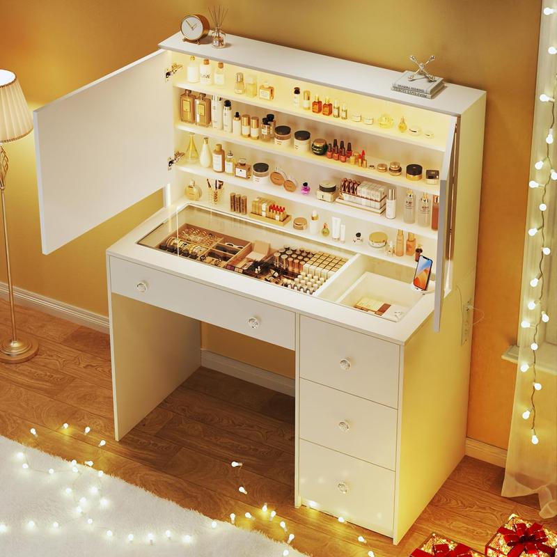 [ChristmasGifts] Vanity Desk with Mirror and Lights, Makeup Vanity with Glass Top & Power Outlet, White Vanity with 4 Drawers & 3 Long Hidden Storage Shelves, 3 LED Lighting Modes Adjustable for Bedroom