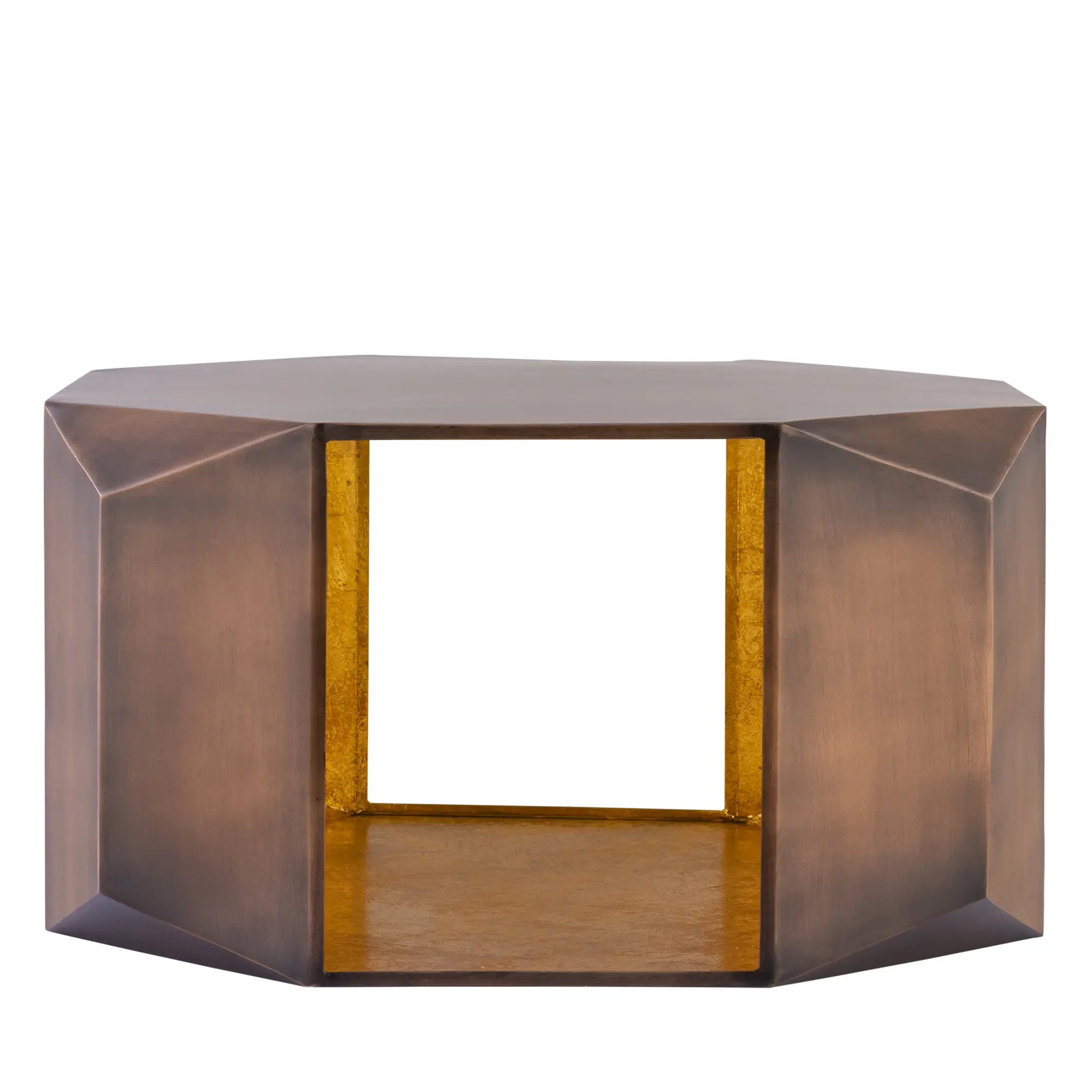 Hexagonal Coffee Table, Modern Antique Copper with Gold Foil Interior, Aluminum Sheet, 35.5 Inch