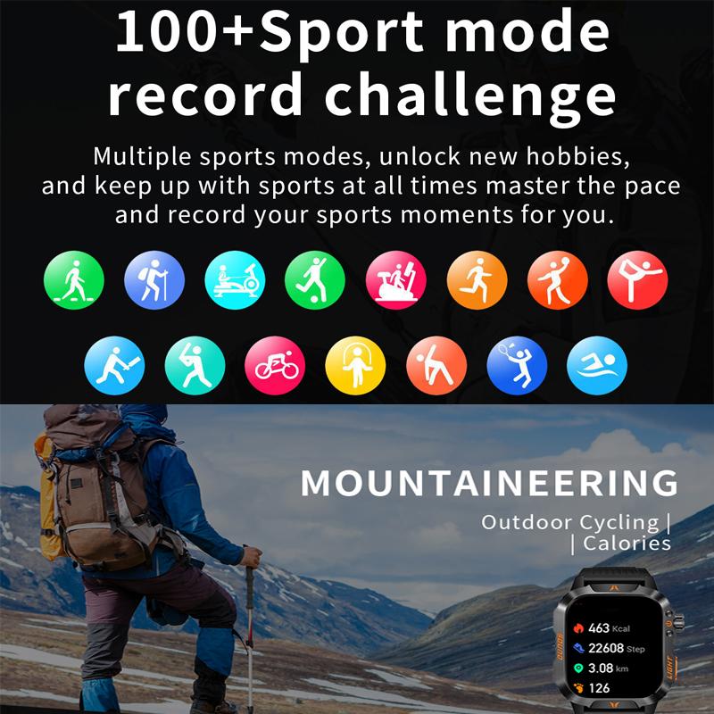 2026 Outdoor-Style Smartwatch with 2.01-inch IPS Screen LED Lighting Wireless Call Sports Modes Calorie Tracker Compass Weather Alerts Men's Gift