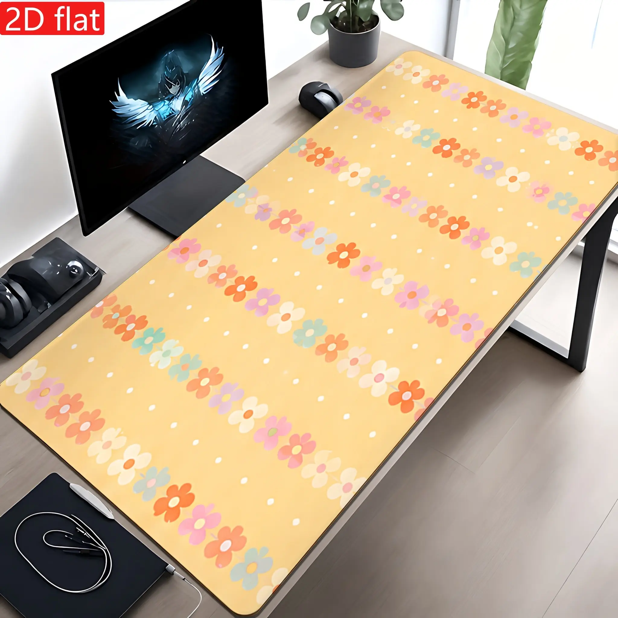 2D flat 1-piece light yellow background retro colorful floral pattern mouse pad, non-slip, suitable for office desks, computer desks, study desks, dormitory desktops, home office, desktop decoration accessories, computer desk complement, suitable for stud