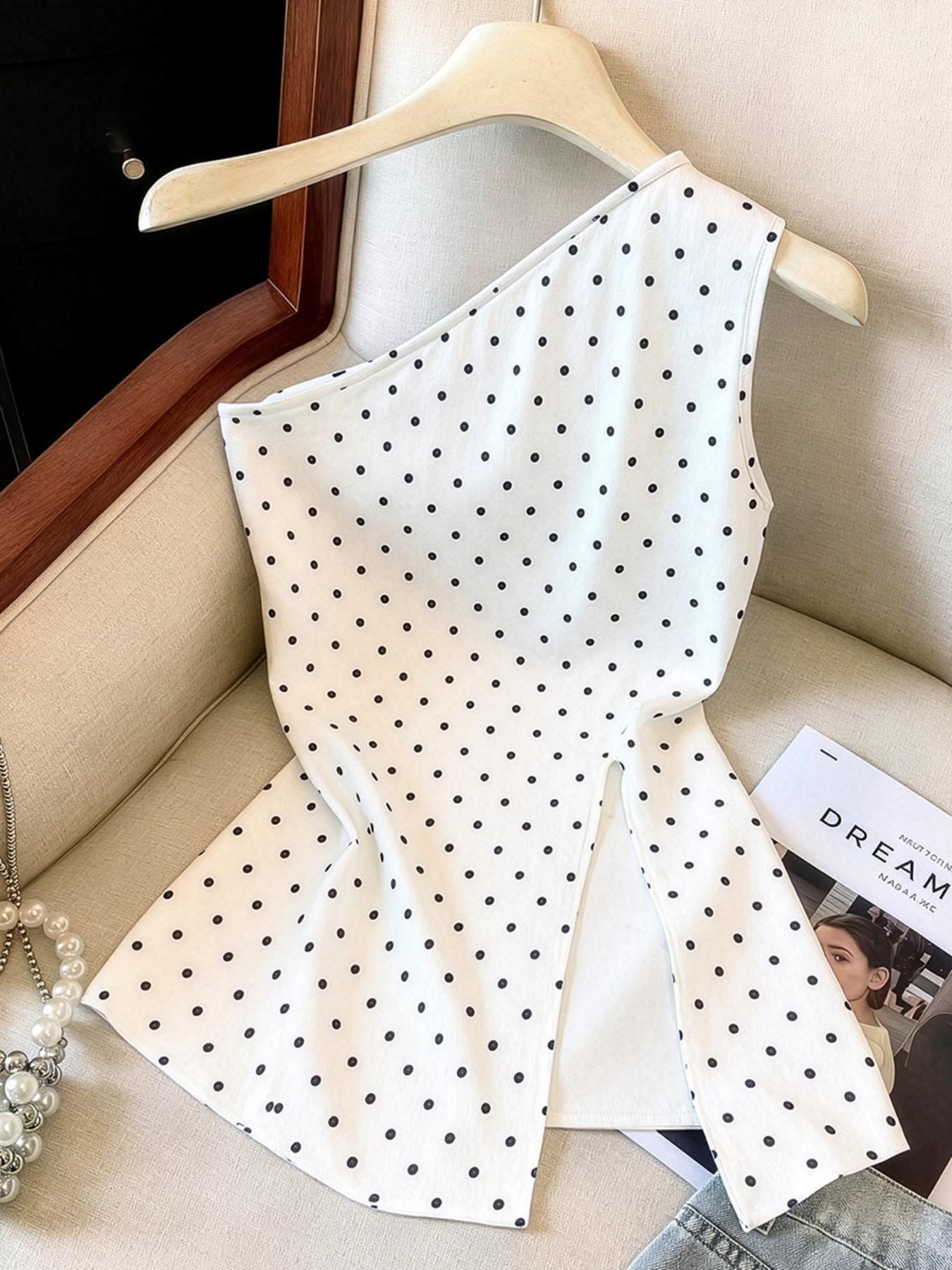 Plus Size Women's Sleeveless Polka Dot Off-Shoulder Casual Tank Top, Vintage Style, Loose Fit, Perfect for Daily Wear, Dates, Parties