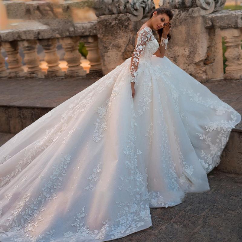 Women's 2026 Vintage Floral Sexy Sheer Tulle Long-Sleeve Bridal Dress - Full-Sleeves Wedding Dress with Chapel Train for Wedding Ceremony, Bridal Photoshoot, Longsleeves, Wedding Dresses