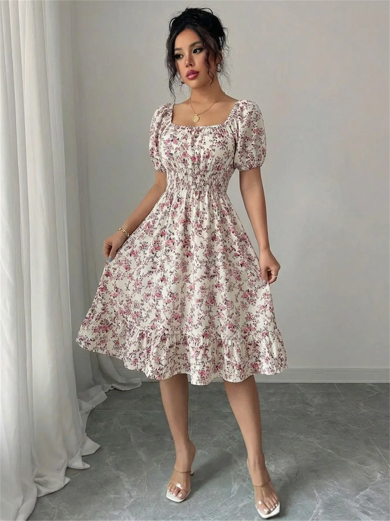 short summer boho dresses Square-Neck Short-Sleeve Ruched-Waist Pleated Ditsy Floral Dress, Casual Wear Beach Vacation Dress, Women's Fashionable Holiday Sundress Nina Sequin Mesh Bodycon 615MD Crafted from a soft Size:UK 6/8