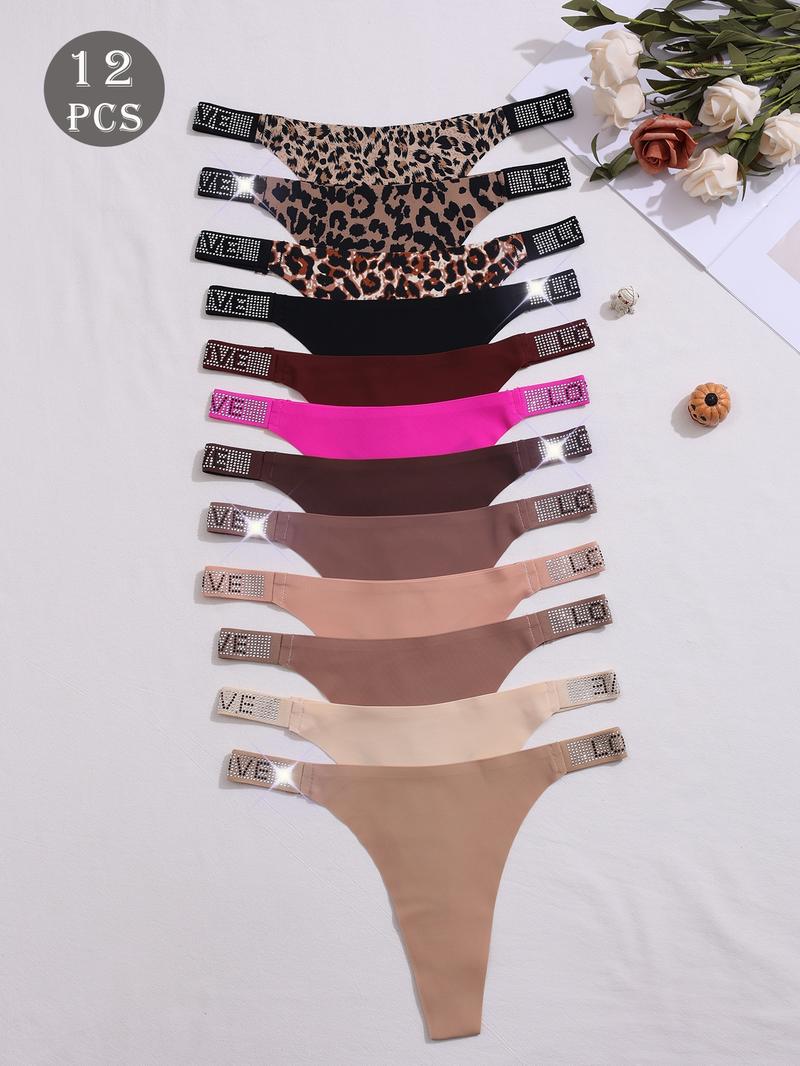 Women's Leopard Print One-Piece Thong Panties, Casual Slim-Fit Design, All-Season Comfortable Underwear, 12-Pack Packaged, Shaping Panties