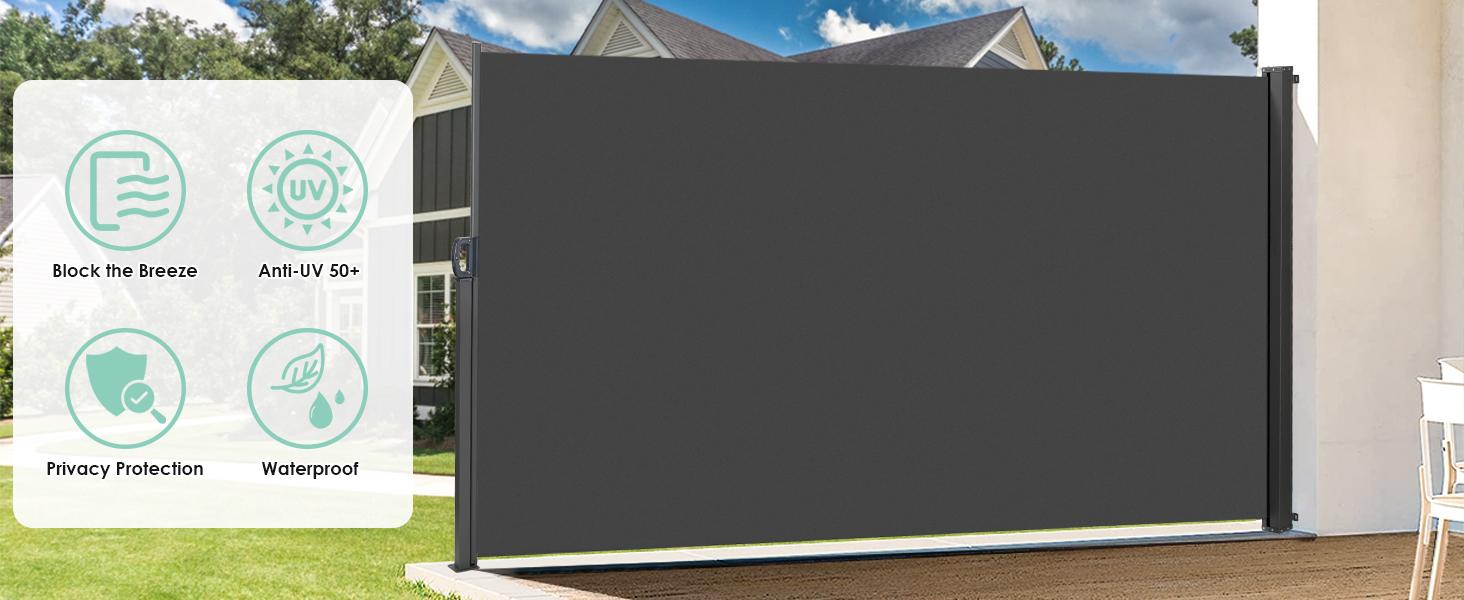 Retractable Side Awning for Patio - UV Resistant & Waterproof Outdoor Privacy Screen for Garden, Balcony, Courtyard - Easy Install Dark Grey Shade Cover，Father'sDayGift