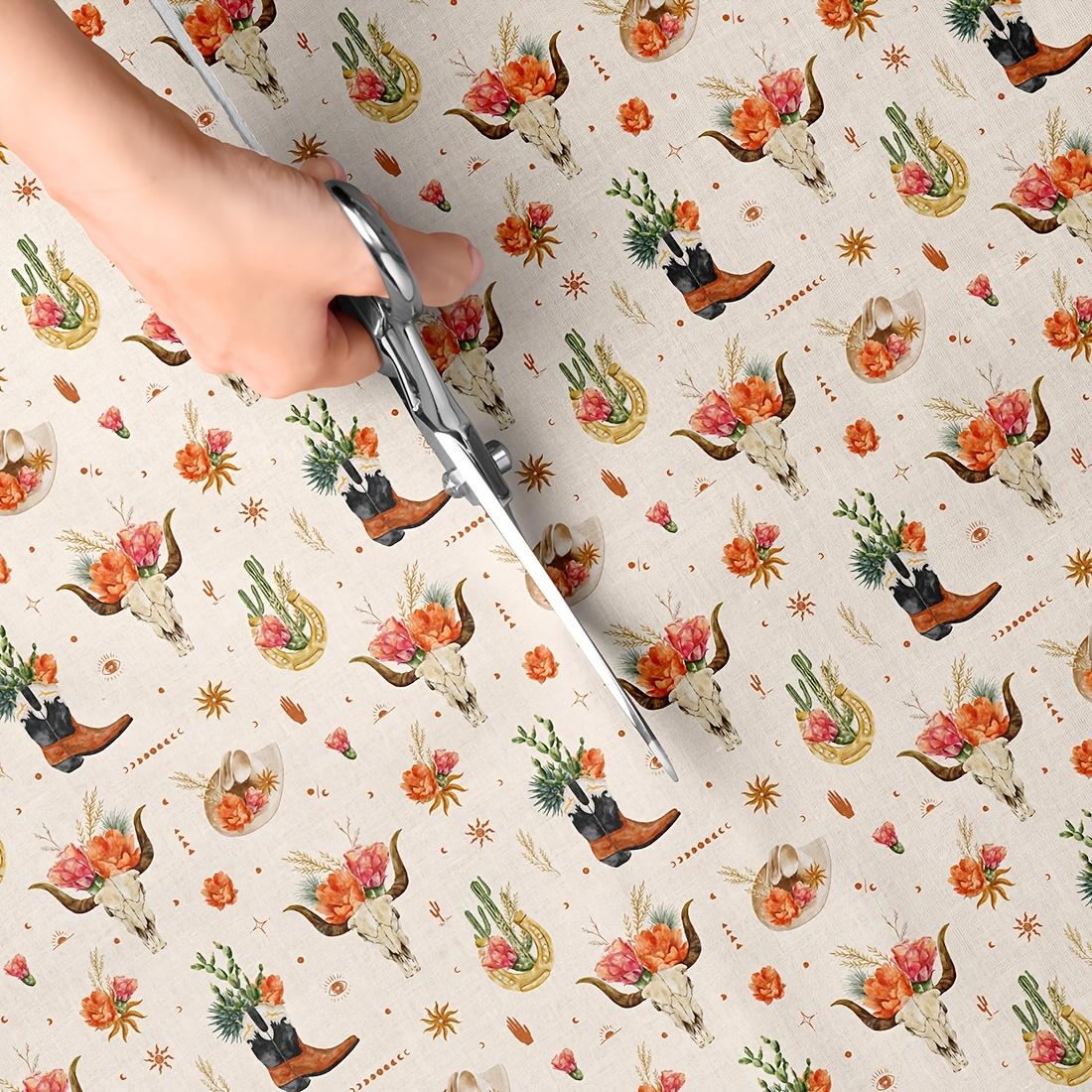 4-Piece Wild West Print Fabric Set - 18x22-inch (55x45 cm) pre-cut Durable Polyester fabric featuring horses, cacti, tropical plants, birds, flowers, and other Western-style elements - Ideal for DIY sewing, scrapbooking, tablecloths, and crafts