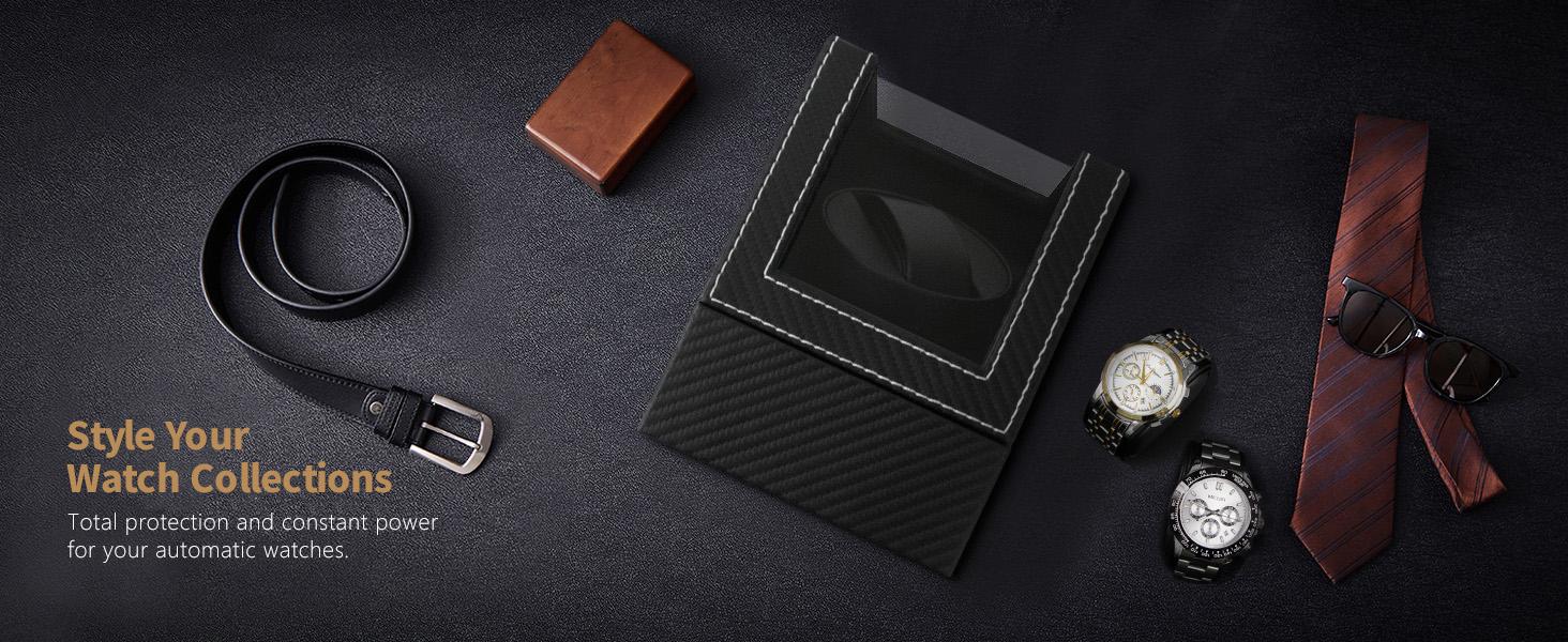 Watch Winder for Automatic Watches: Automatic Single Watch Winder Box with Japanese Quiet Motor, Rotating Watch Case in Black Carbon Fiber Leather, Gifts for Men & Collectors