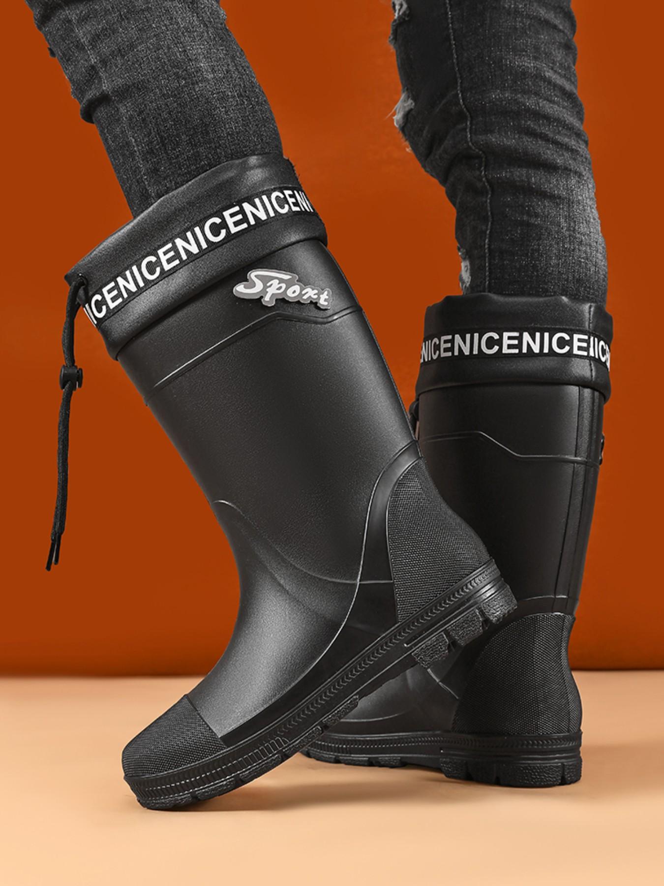 Men's Trendy Printed Cuff Tall Waterproof Rain Boots, Deep Tread Traction Wear-resistant Outsole Footwear For Mud Mountain Hiking & Large-scale Garden Watering Work