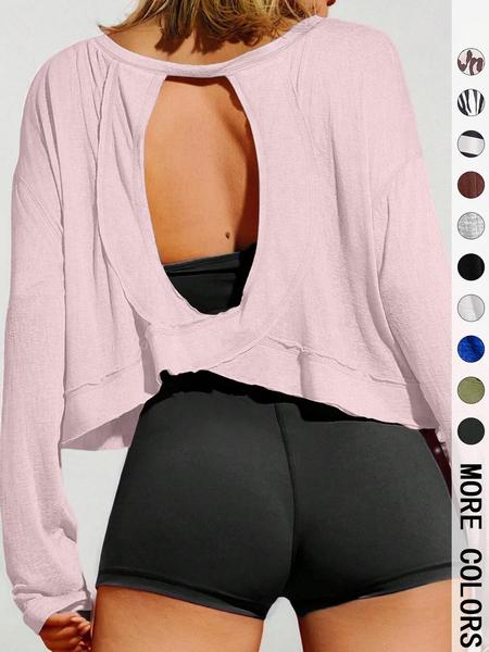 Women's Plain Backless Long Sleeve Sports T-Shirt, Casual Fitted Woven Fabric Top, All-Season Comfortable & Stylish Backless Sports Tee