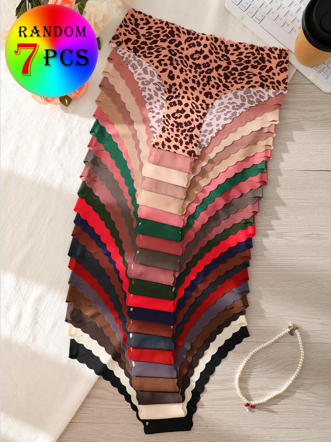 7-piece set of randomly colored wave-edged seamless one-piece triangle panties, Seamless Crotch Design, leopard print and solid color mix, sexy, comfortable, stretchy, and smooth women's underwear
