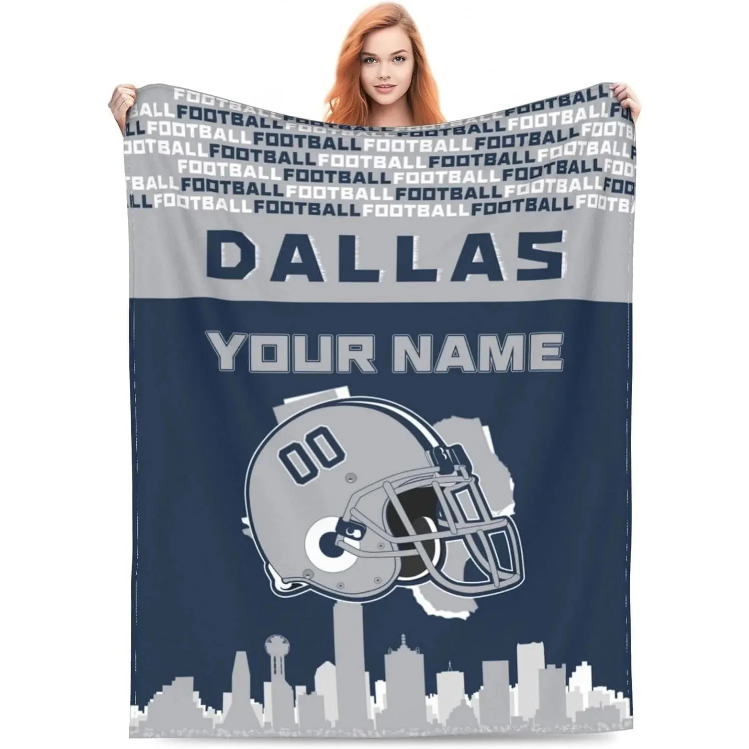 Custom Name Dallas Sports Team Flannel Weave Throw Blanket - Gray Navy Design, Helmet & City Skyline Print, Personalized Soft Fabric, Lightweight Cozy, Multi-Size, Indoor Home Use, Room & House Decor Gift