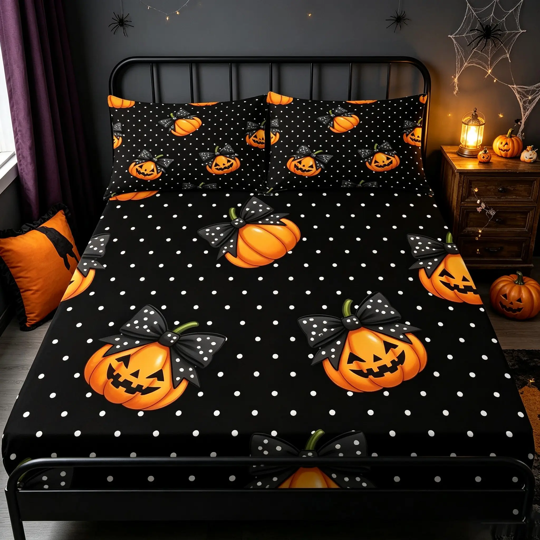 Halloween Bed Sheet Set with Cute Pumpkin Lantern, Three-Piece Elastic Bed Skirt and Two Pillowcases, Fall Bedroom Decor, Cute Bed Sheets