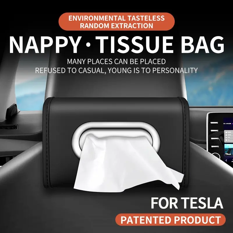 Suitable for Tesla Model 3, Model Y, Model S, Model X, Cybertruck Car Tissue Storage Bag, Backseat Car Tissue Box, Universal Car Tissue Dispenser, Leather Car Tissue Bag