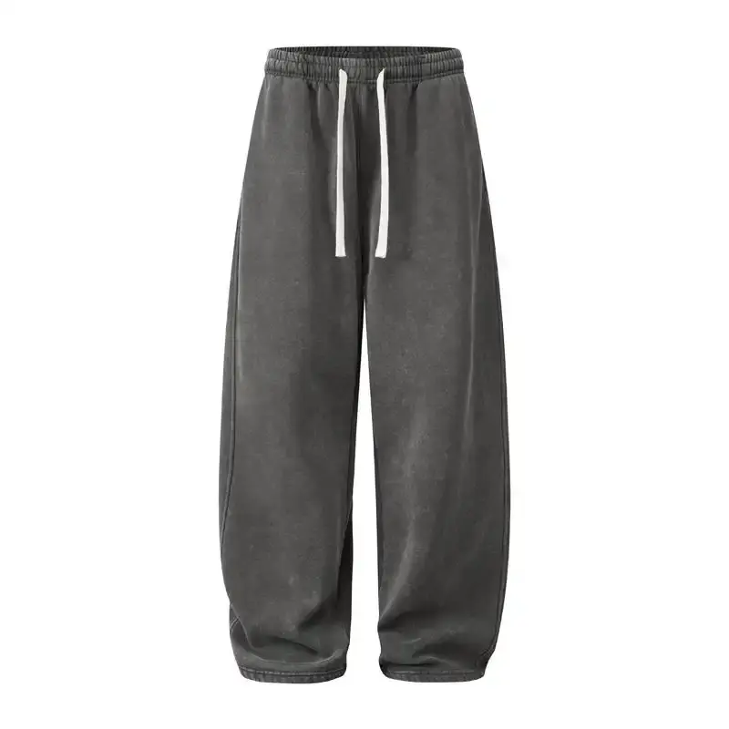 Menswear Men's Vintage Washed Distressed Straight-Leg Gray Sweatpants - Stone Wash Texture, Contrasting Details, Elastic Drawstring Waistband, Relaxed Loose Fit for Bulge Concealment, Stylish Spring Wear