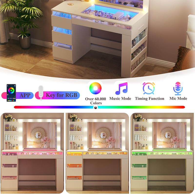 Vanity Desk with Lighted Mirror & Glass Top, Makeup Vanity Desk with 4 Transparent Drawers and RGB Lighting, Built-in Power Outlet, 3-Tier Side Shelves & Storage Organizer for Bedroom
