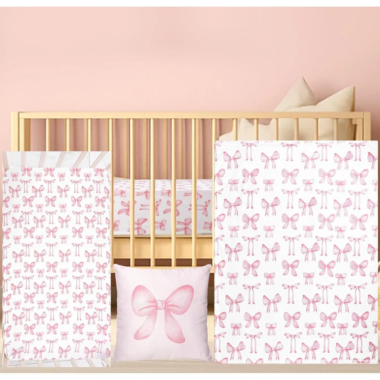 Pink Bow Baby Crib Bedding Set for Infant Standard Bed with Baby Blanket, Fitted Crib Sheet, Pillowcase - Soft Flannel Nursery Bedding for Toddler Mattress, Newborn GiftsGift