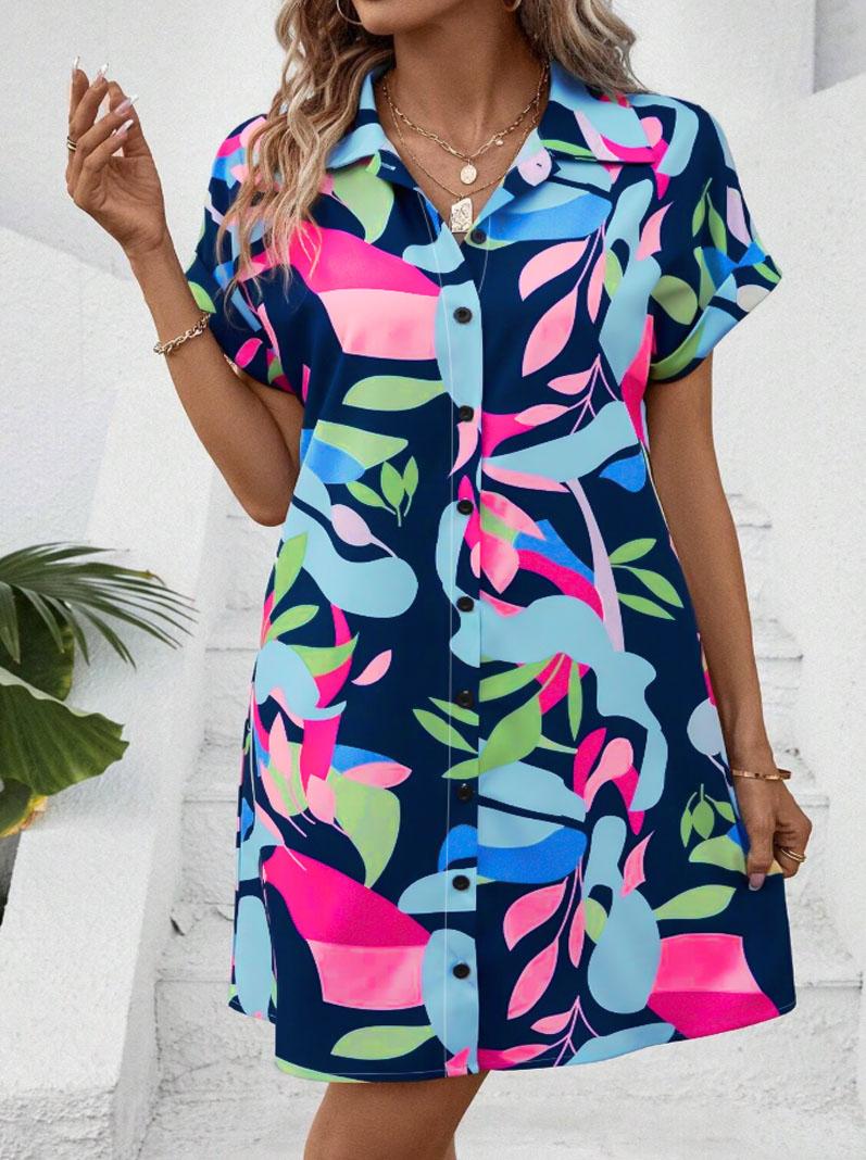 Plus Size Lapel Short Sleeve Shirt Dress, Botanical Print, Loose Curvy Friendly Mini Dress