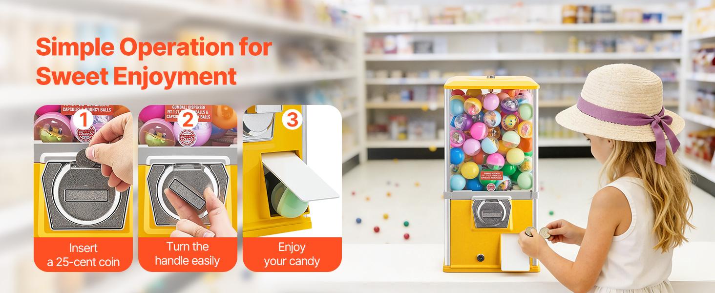 VEVOR Gumball Machine, 21 inch Height Candy Vending Machine Dispenser, 25-Cent Vending Machines for Shopping Malls, Supermarkets, Amusement Parks, Arcades, Holds Up to 180 1.77 inch Spherical Candies