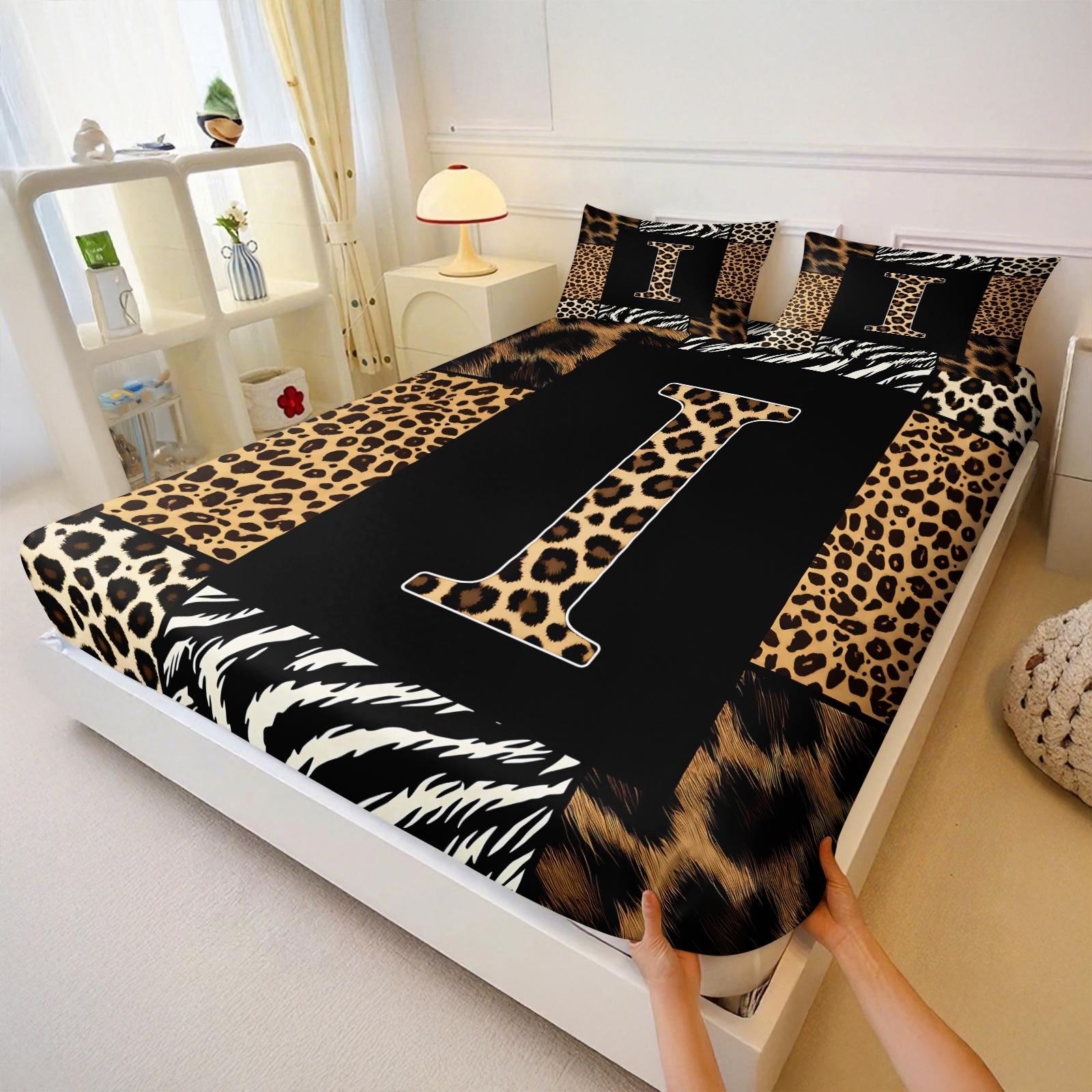 3Pcs Trendy Wild Leopard Zebra Patchwork Letter A-Z Fitted Sheet Set No Fillers, Animal Print Bed Sheet Set, Stylish Modern Bedding Set with Pillowcases, Deep Pocket Bedding for Women Girls Bedroom Decor