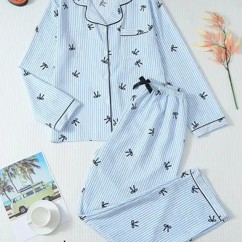 【Black Friday】Women's Striped & Bow Print Pajama Set, Cute Button Front Long Sleeve Top and Pants, Casual Homewear, Loungewear for All Seasons