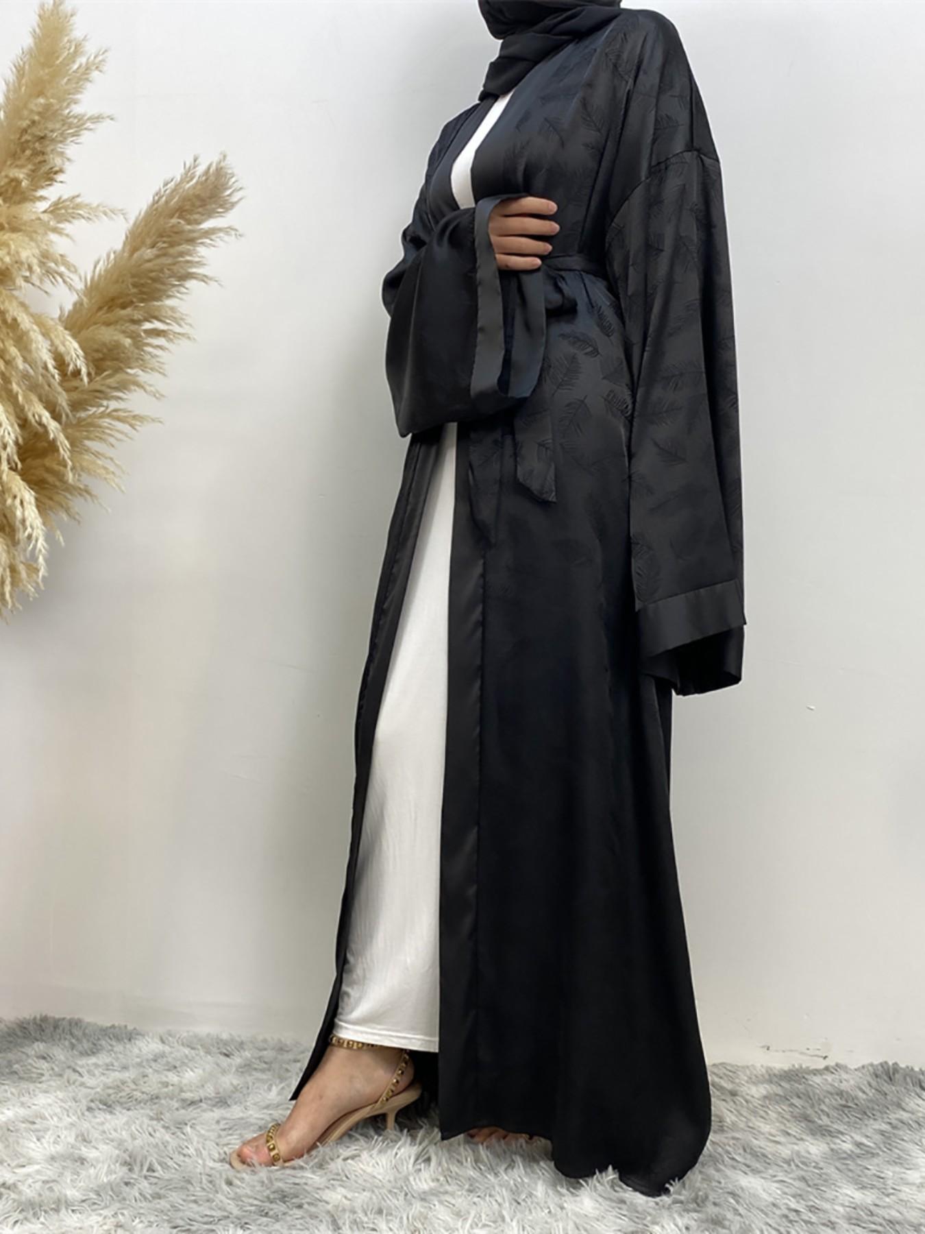 Women's Elegant Gold Foil Imitation Satin Lightweight Muslim Open Abayas, No Headscarf, All Seasons, Loose-Fitting Cardigan Top