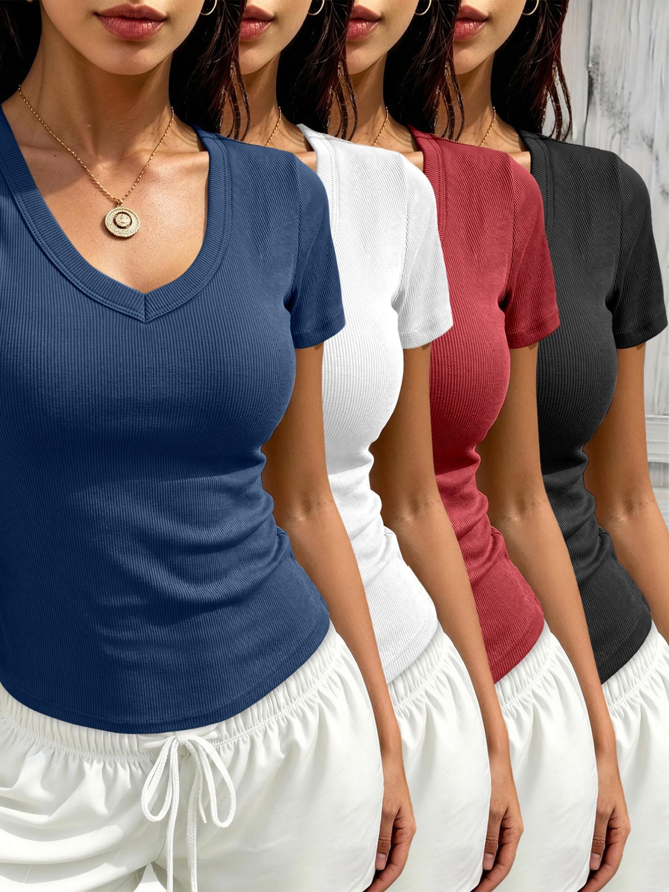 Women's Ribbed V-Neck Short Sleeve Summer T-Shirt 4-Piece Set, Casual Fitted Solid Color, All Seasons Wear, Plain Surface Unlined Design