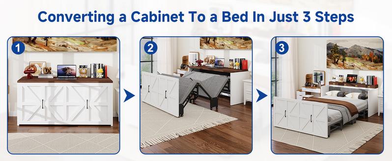 Lilypelle 2-in-1 Murphy Cabinet Bed – Farmhouse Hideaway Foldable Platform Bed for Guest Room, Bedroom, or Home Office, Up to 650 Lbs