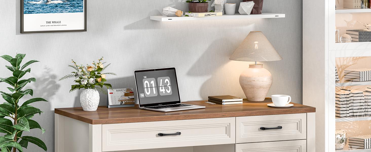 Vabches Farmhouse Executive Desk with Storage and Ample File Drawer, Rustic Large Home Writing Desk for Bedroom, White