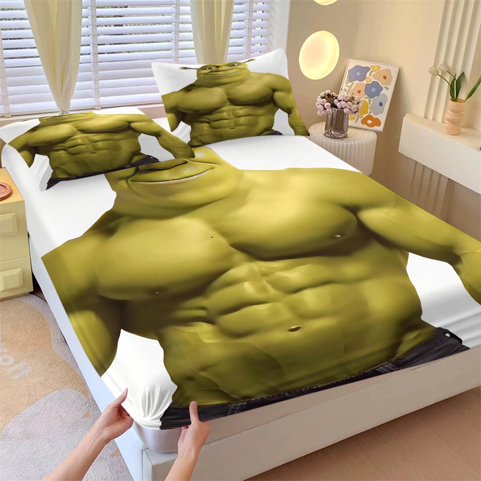 3 Piece Shrek Pattern Fitted Sheet Set, Soft And Durable Bedding Set, Including 1 Piece Flat Sheet And 2 Pieces Pillowcases, Suitable For Children And Adults Daily Holiday Birthday Gifts Bedroom Decorations
