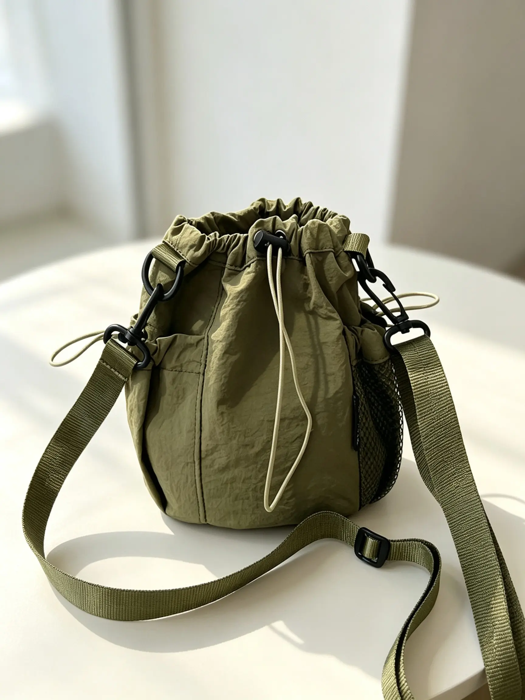 Nylon Drawstring Bucket Crossbody Bag, Lightweight Wrinkle Texture, Adjustable Strap, Side Mesh Pocket, Ideal for Outdoor & Daily Use, Casual Street Crossbody