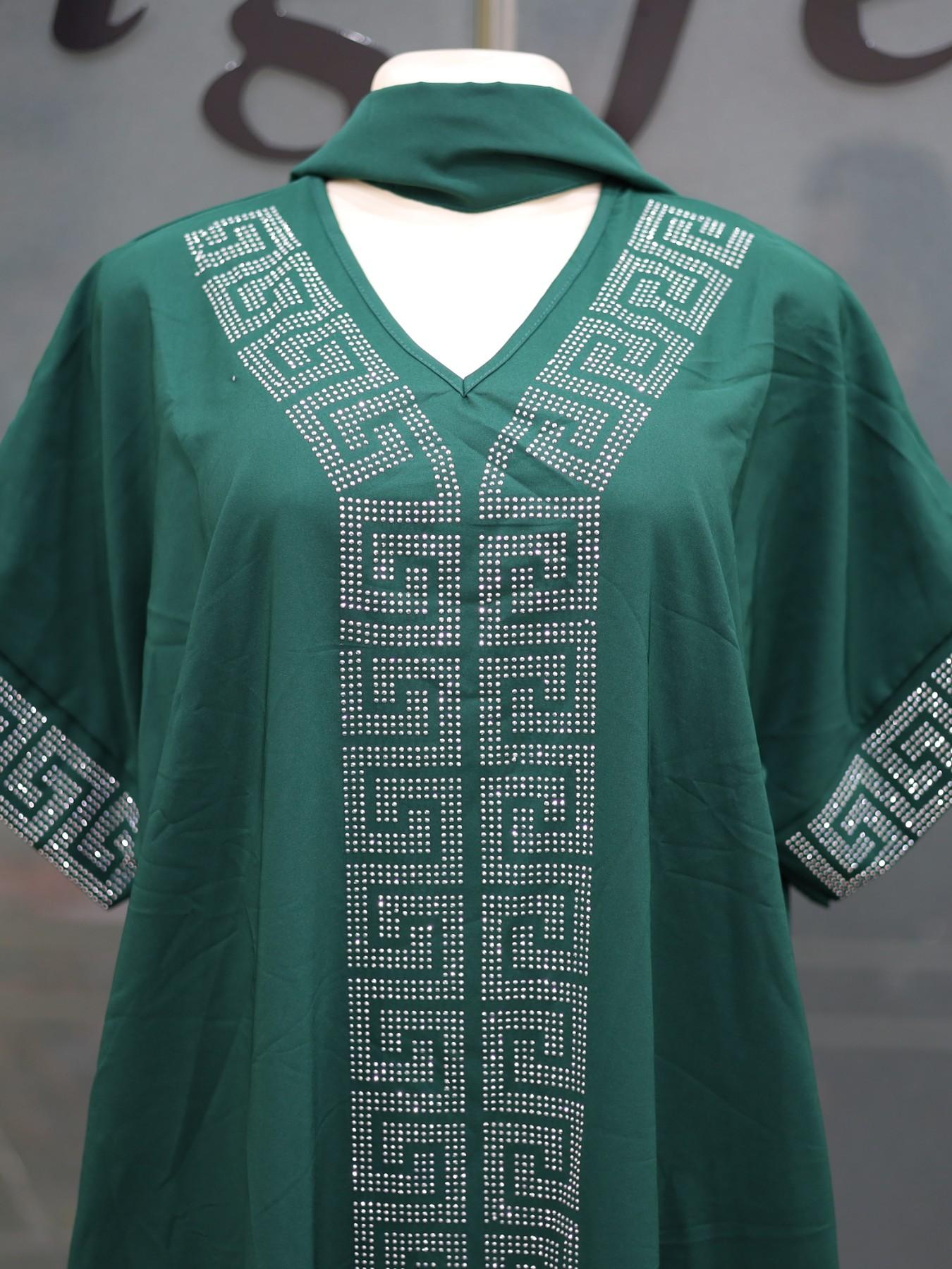 African Nigerian Style Women's Dress, Rhinestone Loose Ethnic Boubou Kaftan, Elegant Solid Color Daily Party Muslim Robe, with Scarf and Pockets 2026