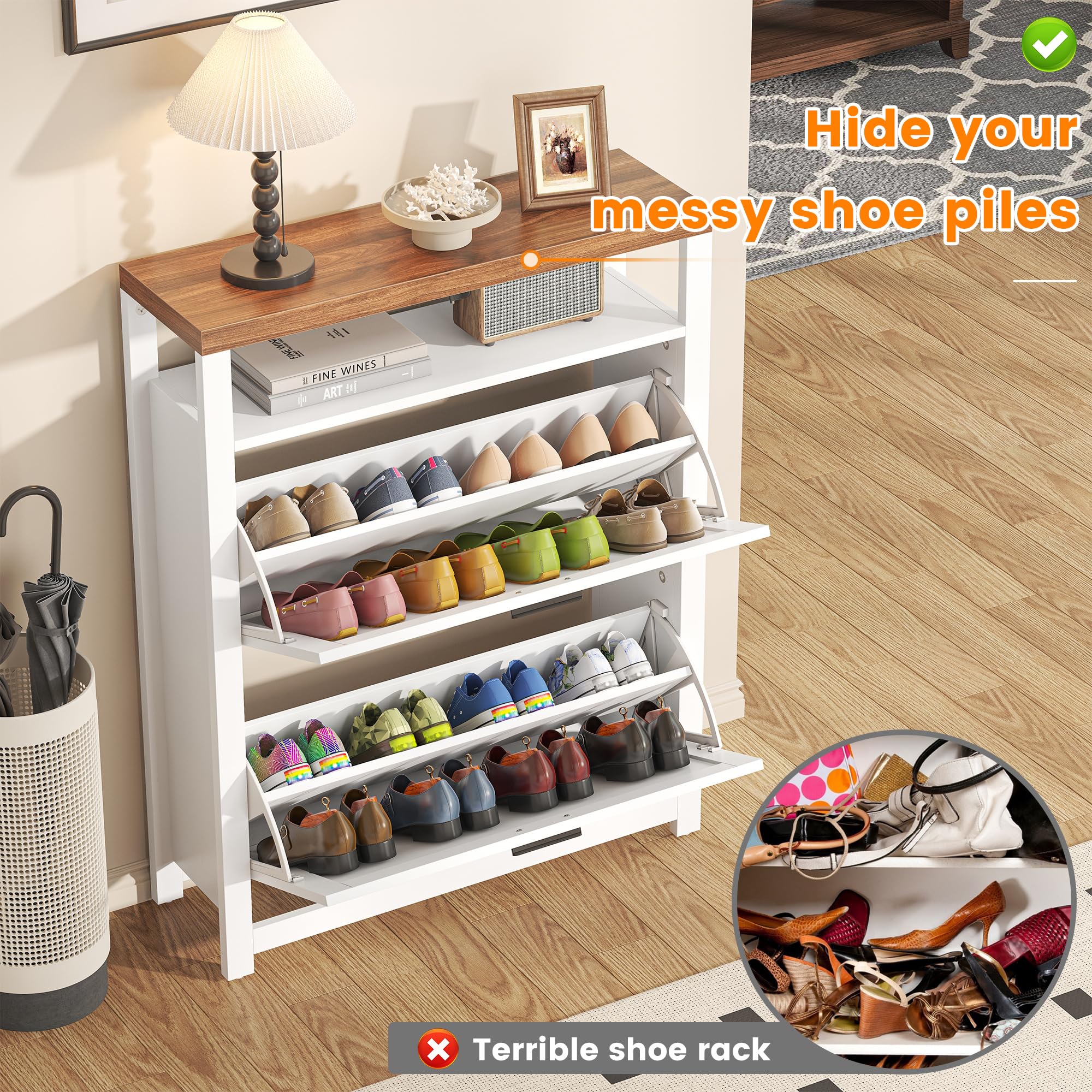 4 Tires Farmhouse Shoe Organizer with Open Storage Shelf & Barn Door, Shoe Storage Cabinet with 2 Flip Drawers, Adjustable or Removable Freestanding Hidden Narrow Shoe Rack for Foyer