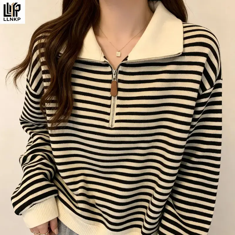 LLNKP Women's Striped Polo Collar Sweatshirt - Quarter Zip Pullover with Relaxed Fit, Long Sleeve Casual Fall Top, Preppy Style with Button Placket