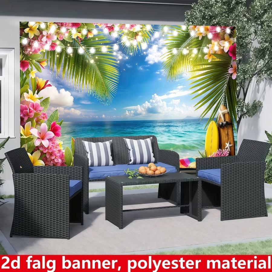 Summer Hawaiian Beach Background Banner, Sky, Ocean Tropical Flowers Palm Leaves, Surfboard Photography Background, Suitable for Hawaiian Party Decoration Banner, Living Room, Bedroom, Office and Outdoor Decoration, Party, Seasonal Decoration