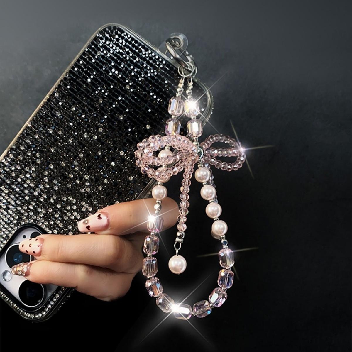 Women's Luxury Crystal Beaded Smartphone Strap - Multi-Functional Card-Ready Mobile Accessory with Tether Tab, Hands-Free Wristlet, Keychain & Protection Feature, Shiny, Accessories, Installation, Metal, Lobster Clasp, Charm, Lanyard, Custom Tether Tab, D