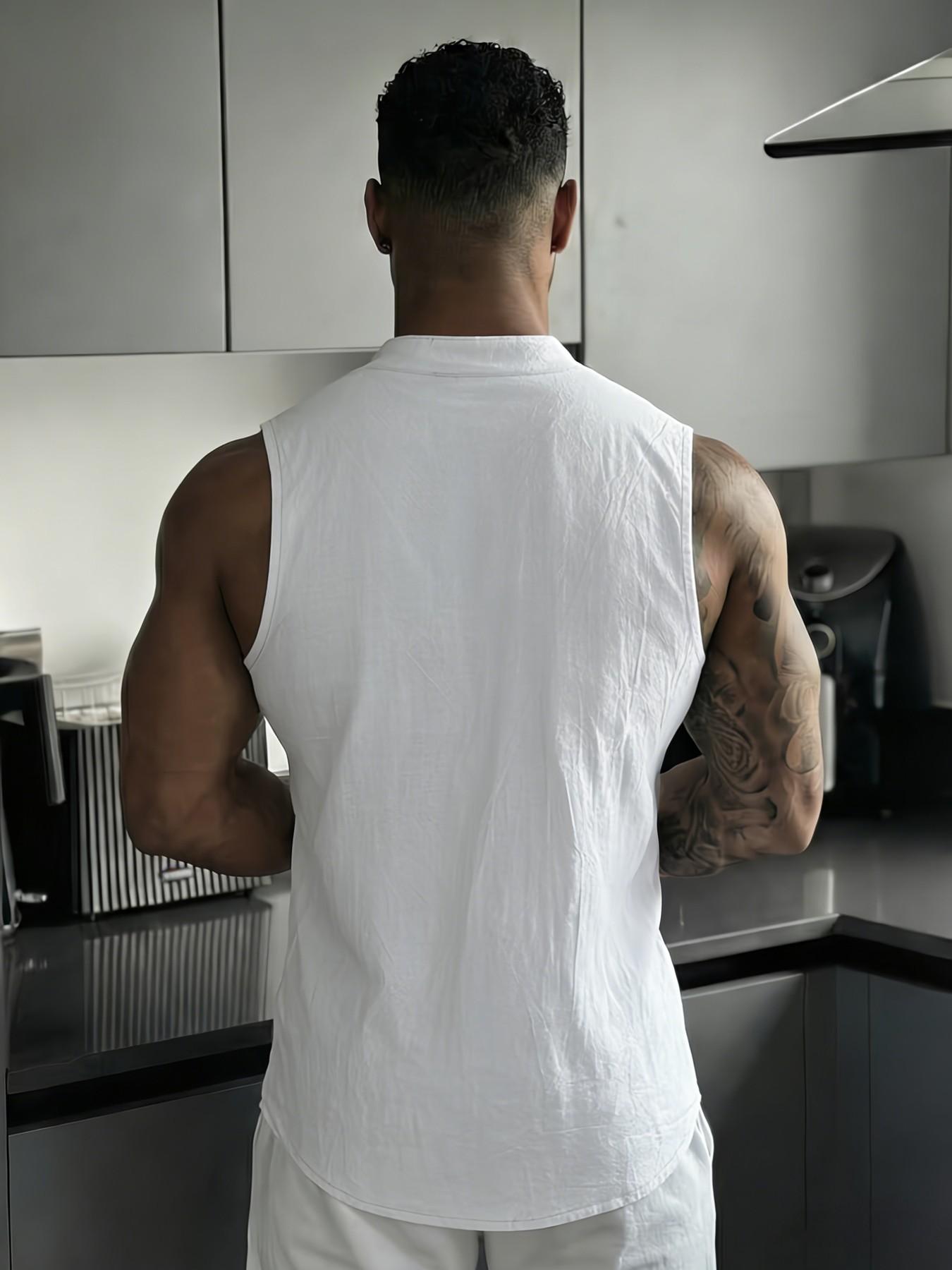 Men's Stand Collar Henry Neck Sleeveless Shirt, Breathable Linen Texture, Loose Fit, Casual Summer Commute Top, European Style